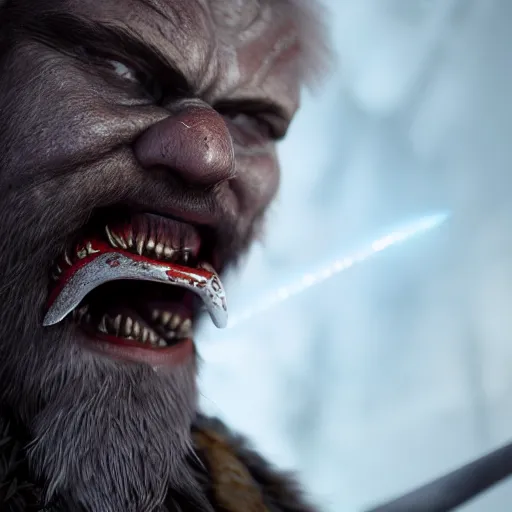 Image similar to a fantasy cinematic shot of a dwarf berserker, close up, face, warhammer, dnd, fighting monsters, octane render, hyperreal, 8 k