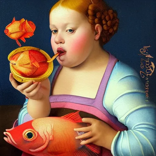 Image similar to a very funny stylize oil painting in renaissance style of a sweet little fat girl kissing a huge colorful cute fish. red mouth, blue eyes. flowery dress. hyper realistic scene. 3 d, octane render, deep focus, white scene. very funny and sweet image. unreal engine. watercolor. fellini style. poster quality. da vinci painting style. pencil illustration.