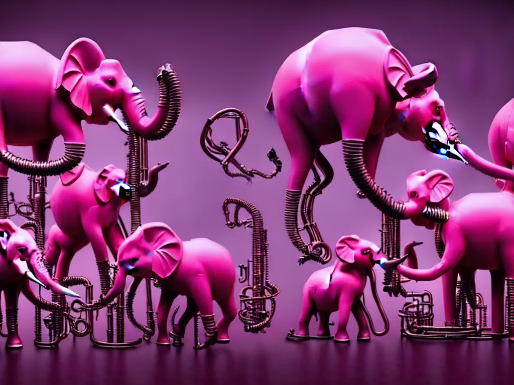 Image similar to a crowd of antropomorphic pink elephants playing steampunk musical instruments in a grindcore show, futuristic, cyberpunk, biomechanical, xenomorphic, photorealistic, ultra detailed, 4 k, chomatic aberration, dof