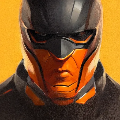 Image similar to portrait of a superhero by greg rutkowski, he looks like joseph quinn, he is wearing a black, orange and yellow kevlar gear, highly detailed portrait, digital painting, artstation, concept art, smooth, sharp foccus ilustration, artstation hq