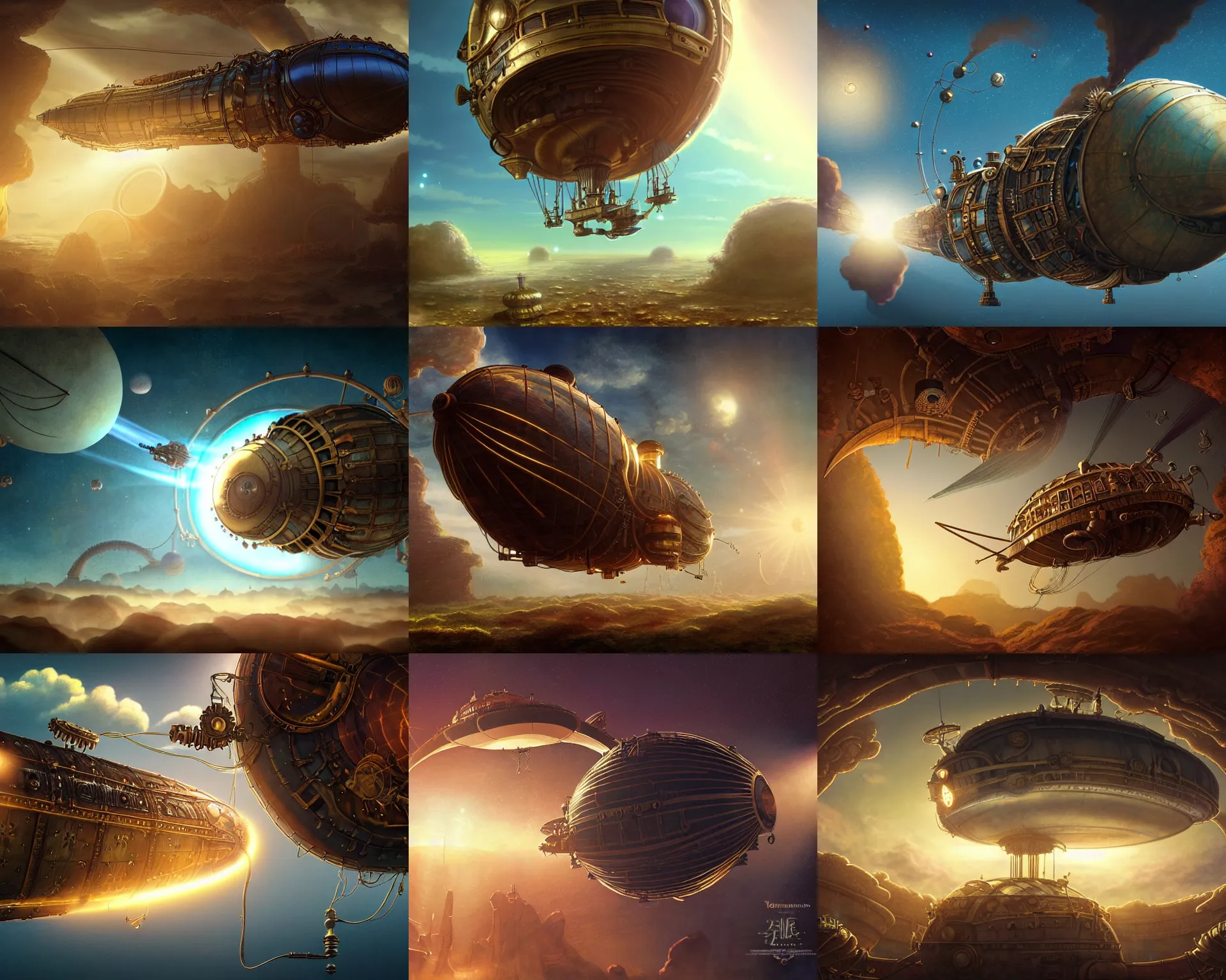 Prompt: a steampunk airship in an alien world. the vortex of the wormhole lights up the cosmos, peter jackson, studio ghibli, detailed, realistic lighting, volumetric lighting, golden hour,