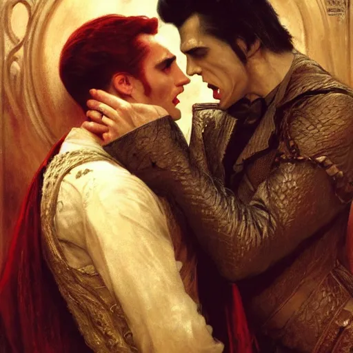 Image similar to attractive male, arthur pendragon confesses his love to attractive male dracula the vampire. highly detailed painting by gaston bussiere, craig mullins, j. c. leyendecker 8 k