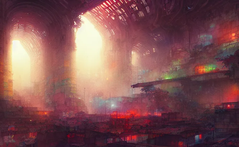 Image similar to subterranean city. intricate, amazing composition, colorful watercolor, by ruan jia, by maxfield parrish, by marc simonetti, by hikari shimoda, by robert hubert, by zhang kechun, illustration, gloomy, volumetric lighting, fantasy