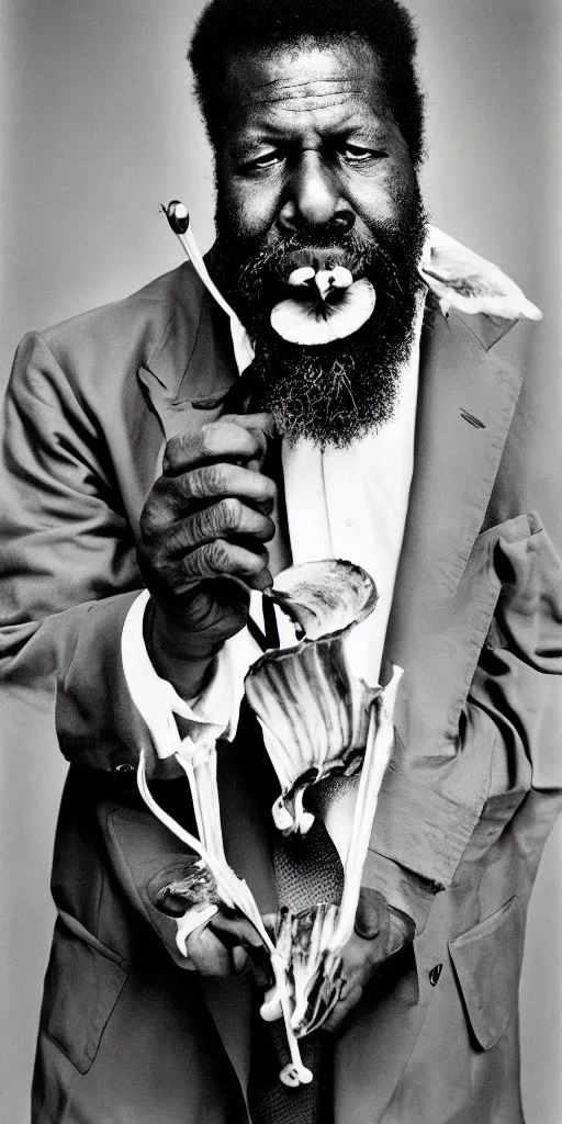 Image similar to award winning photo of thelonious monk EATING banana republic, vivid colors, happy, symmetrical face, beautiful eyes, studio lighting, wide shot art by Sally Mann & Arnold Newman