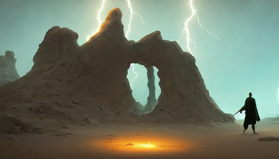 Prompt: a glowing magical portal inside a sand tsunami fantasy desert, portal, a man watching over, lightning, by caspar david friedrich by james gilleard and justin gerard, artstation, smooth, sharp focus, by jean baptiste, octane render