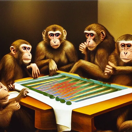 Image similar to A beautiful print of a group of monkeys playing backgammon. The monkeys are seated around a table, with some of them appearing to be deep in concentration while others appear to be playing more casually. by Simon Bisley, by Gabriel Dawe desaturated