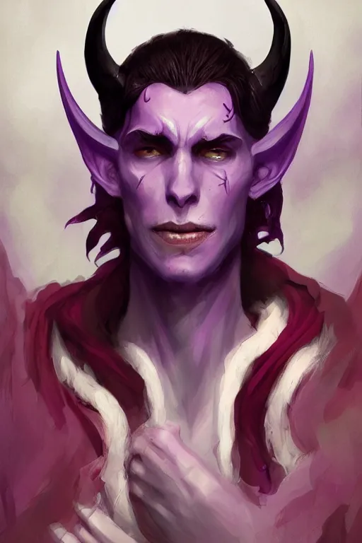 Prompt: djinn man male demon, portrait, full body character, concept art, purple cloak, single face, illustration, white spiral horns, cinematic color grading, editorial photo, fashion, hyperrealism, realism, trending on artstation, Charlie Bowater, WLOP