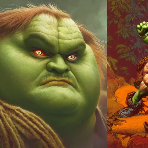 Prompt: chris farley, with green skin and orange body hair, as blanka from street fighter flexing, ultra realistic, concept art, intricate details, eerie, highly detailed, photorealistic, octane render, 8 k, unreal engine. art by artgerm and greg rutkowski and magali villeneuve and alphonse mucha