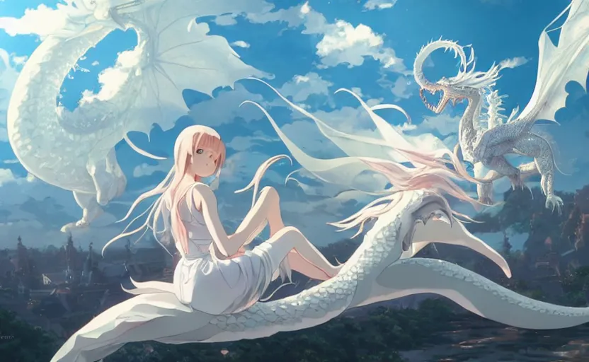 Image similar to a hyper detailed big render that a beautiful girl sitting on the back of a huge silver white dragon alone in fairyland surrounded by white clouds, finely detailed angelic face, style of studio ghibli, makoto shinkai, xision, ilya kuvshinov and artgerm, kazuki tanahashi, james jean, animation style, curve composition, ultra wide angle