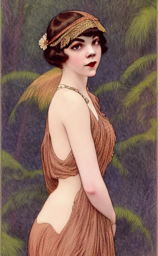 Image similar to flapper girl anya taylor-joy, beth harmon, gina gray, casey cooke, traditional corsican, intricate, highly detailed, artstation, illustration, jurgens, rutkowski, bouguereau, mucha, roaring 20s, 1920s gaudy color, flapper dress