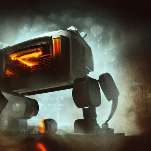 Image similar to head of toaster oven mecha, dark messy smoke - filled cluttered workshop, dark, dramatic lighting, orange tint, cinematic, highly detailed, sci - fi, futuristic, movie still