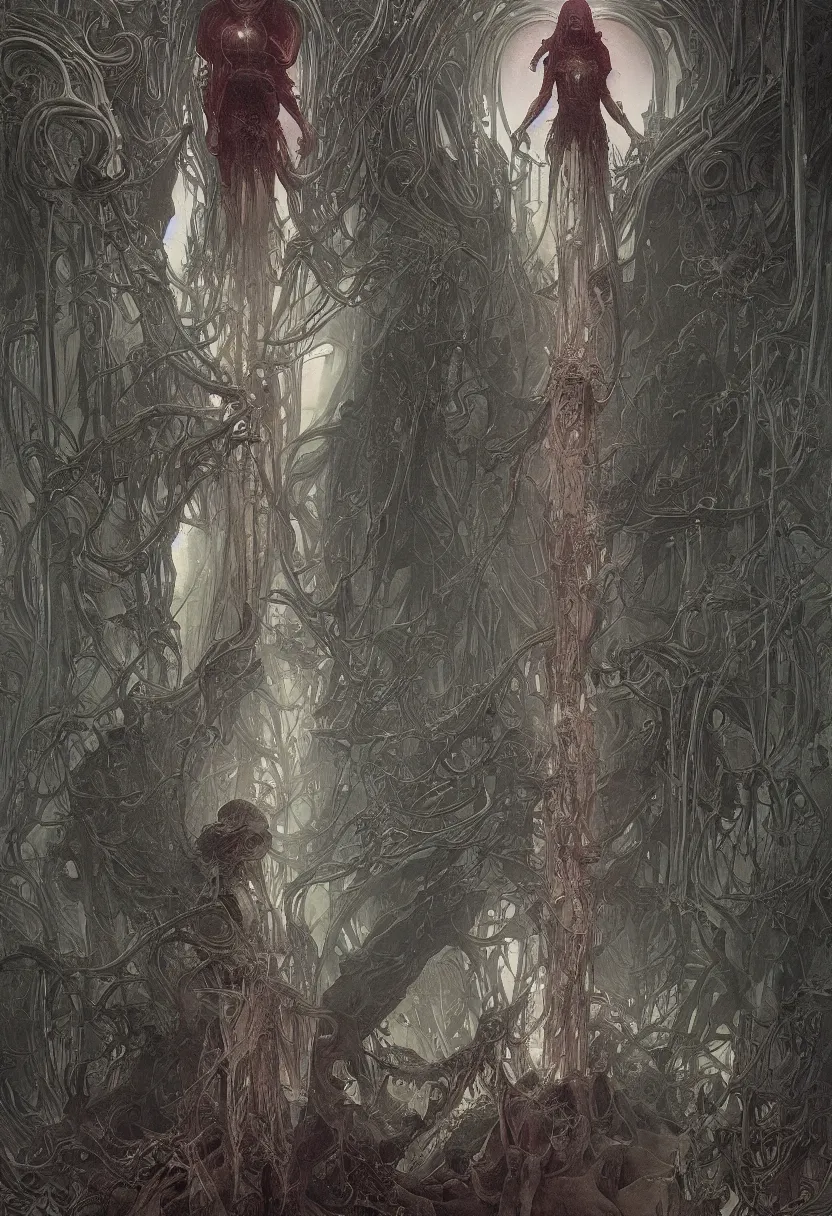 Prompt: ominous figure standing at the opening of an interdimensional portal, by daniel - by greg rutkowski and raymond swanland hr giger and zdzislaw beksinski and alphonse mucha and moebius, matte painting, hyperdetailed, symmetry, art nouveau, beautiful render, concept art