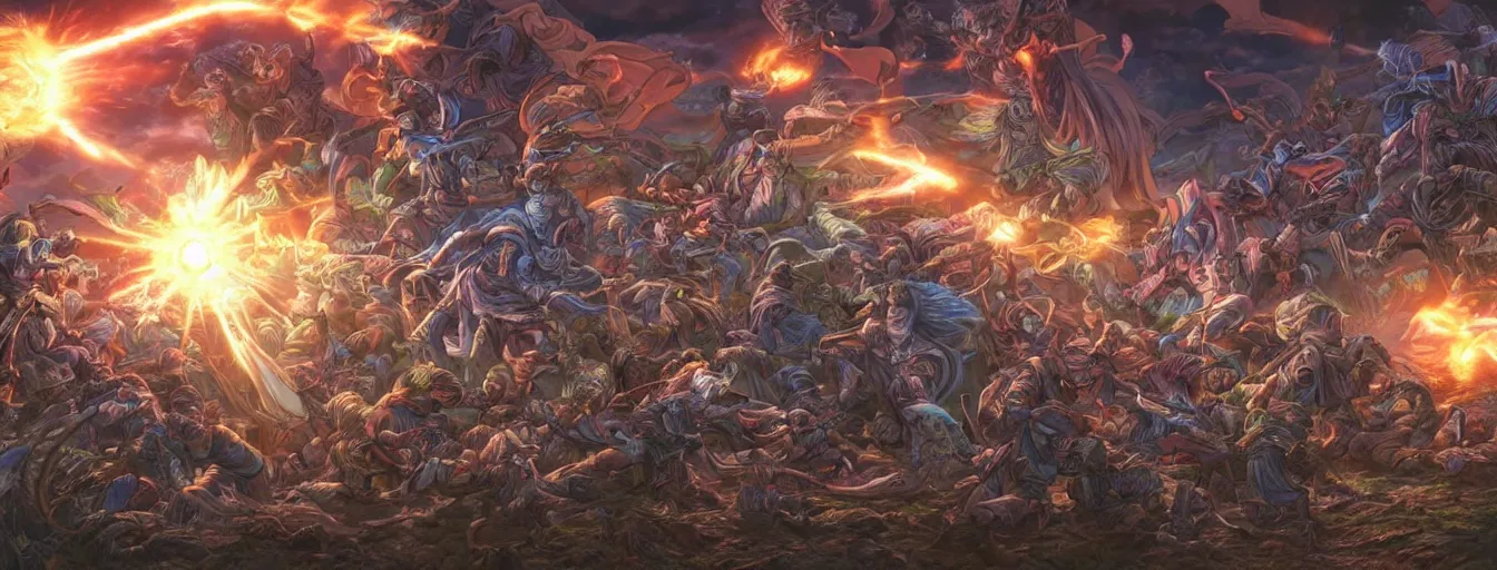 Prompt: zoomed out view of spirit souls fighting on a battlefield to the death beams. hyperrealistic anime background illustration by kim jung gi, colorful, extremely detailed intricate linework, smooth, super sharp focus, bright colors, high contrast, matte, octopath traveler, unreal engine 5 highly rendered, global illumination, radiant light