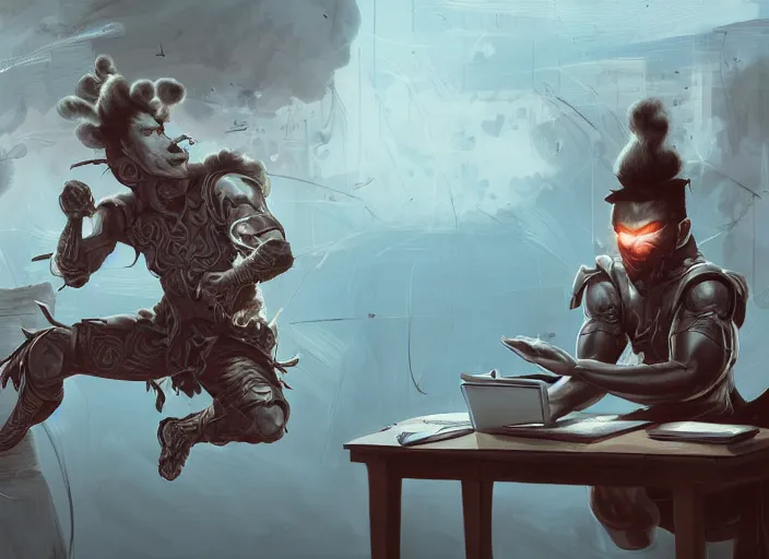 Image similar to an insanely detailed painting of an asian man wearing a homemade superhero costume, sitting at a desk, staring seriously at the computer and typing, in the style of peter mohrbacher, james jean, dramatic lighting and composition, surreal background, octane render, pixar, trending on artstation, concept art, comic book, view from behind, 8 k