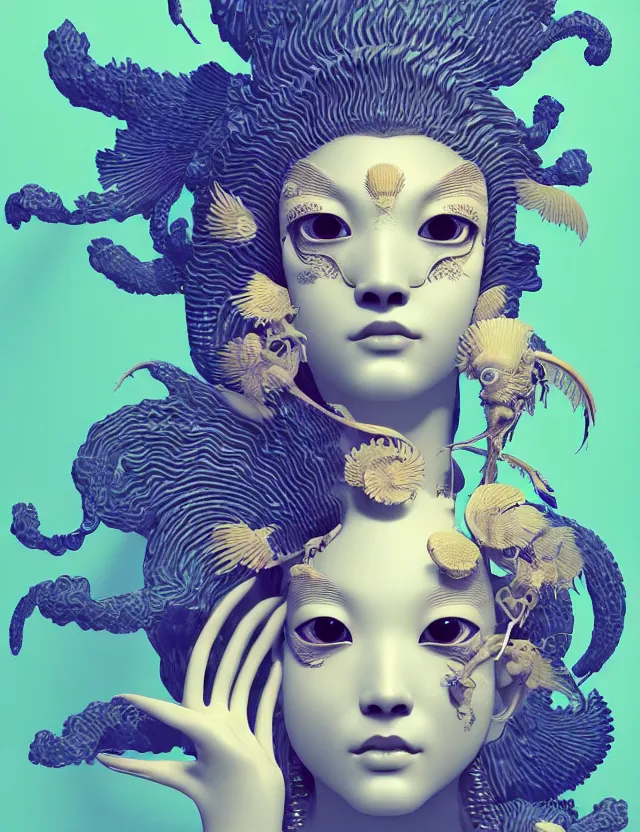 Image similar to simple coherent artwork. 3 d goddess close - up 3 / 4 portrait with ram skull. beautiful intricately detailed japanese crow kitsune mask and clasical japanese kimono. betta fish, jellyfish phoenix, bio luminescent, plasma, ice, water, wind, creature, artwork by tooth wu and wlop and beeple and greg rutkowski