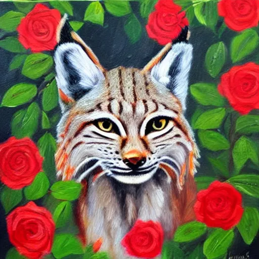 Image similar to an expressive oil painting of a lynx waring a crown!! made out of roses, high quality art,