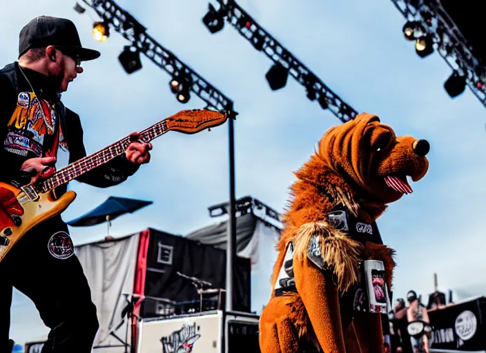 Image similar to photo still of mcgruff the crime dog on stage at vans warped tour!!!!!!!! at age 3 3 years old 3 3 years of age!!!!!!!! shredding on guitar, 8 k, 8 5 mm f 1. 8, studio lighting, rim light, right side key light