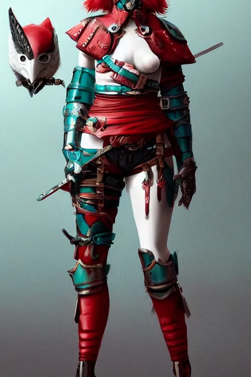 Image similar to female adventurer in tight full - body teal leather armor of japanese design with red accents and a white porcelain crow mask, trending in artstation, japanese, by wlop, establishing shot