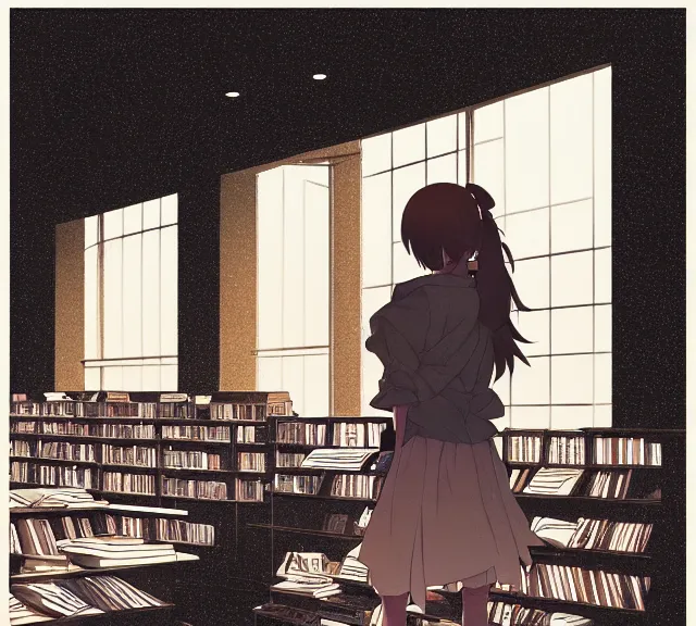 Prompt: anime visual, full body portrait of a young female traveler in a book shop interior, beautiful face by yoh yoshinari, katsura masakazu, dramatic lighting, dynamic pose, dynamic perspective, strong silhouette, anime cels, ilya kuvshinov, cel shaded, outlined edges, rounded eyes, moody, detailed character