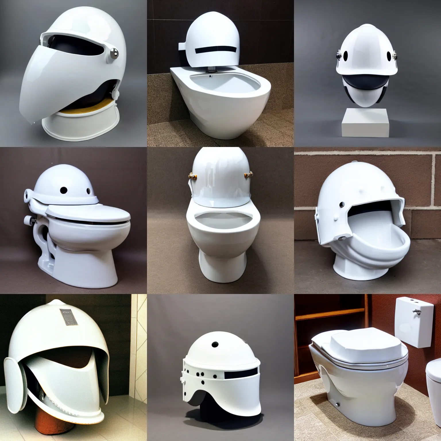 Prompt: white oversized giant knight wearing white porcelain toilet bowl helmet