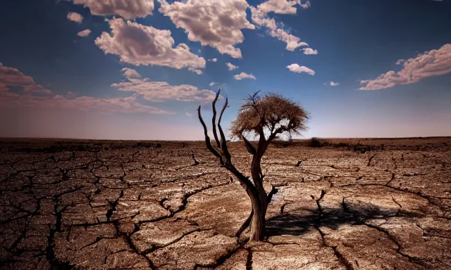 Image similar to medium shot of a crying ancient dried up Danu, peaceful, facing the camera and standing in front of a dried up river in a desolate land, dead trees, blue sky, hot and sunny, highly-detailed, elegant, dramatic lighting, artstation, 4k, cinematic landscape, photograph by Elisabeth Gadd