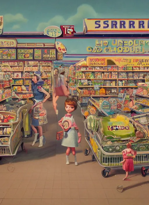 Image similar to highly detailed wide - angle, portrait of a 1 9 6 0 s retro supermarket, unreal engine, nicoletta ceccoli, mark ryden, earl norem, lostfish, global illumination, detailed and intricate environment