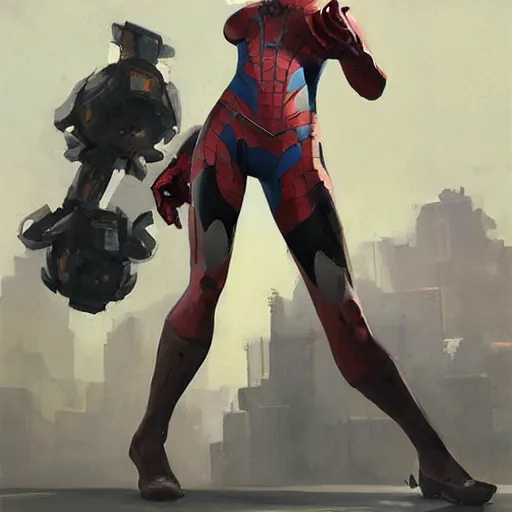 Image similar to greg manchess portrait painting of partially armored female iron spiderman as overwatch character, medium shot, asymmetrical, profile picture, organic painting, sunny day, matte painting, bold shapes, hard edges, street art, trending on artstation, by huang guangjian, gil elvgren, ruan jia, greg rutkowski, gaston bussiere