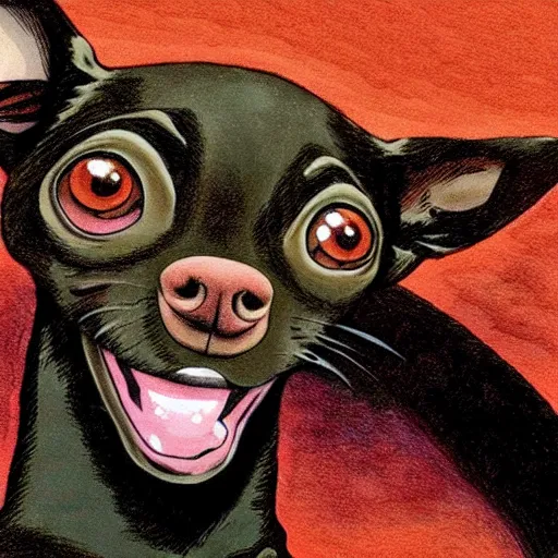 Prompt: a dark brown chihuahua, hyper detailed, in the style of junji ito and berserk, selfie shot straight on angle