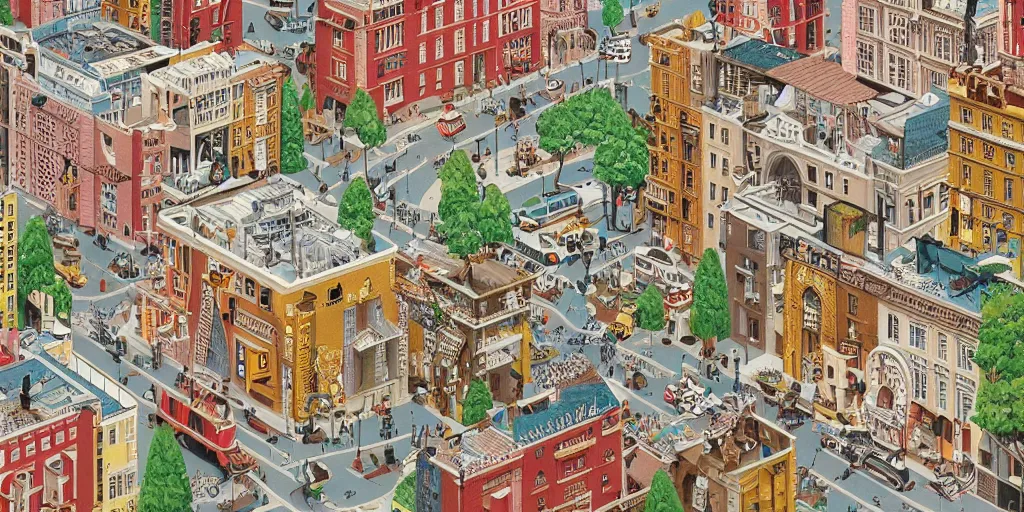 Prompt: A cityscape illustrations, by Wes Anderson, hyper detailed, intricate