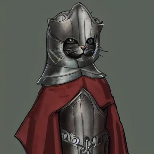 Prompt: A cat in medieval armor and cloak, trending on artstation