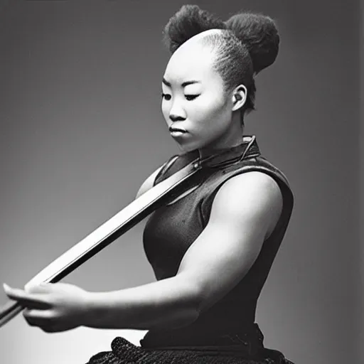 Image similar to “ afro - asian female samurai unsheathing her blade. photograph. award winning. ”