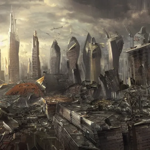 Image similar to damaged city, high - tech, concept art