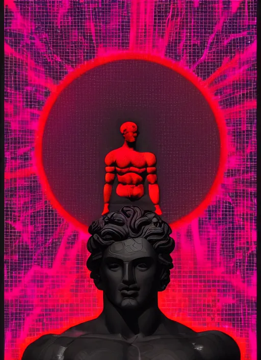 Prompt: black background with subtle red and purple geometric design elements, statue of hercules, nekro, graphic design, collage art, thin lines, dark, glitch art, neo vaporwave, gritty, layout frame, trending on artstation