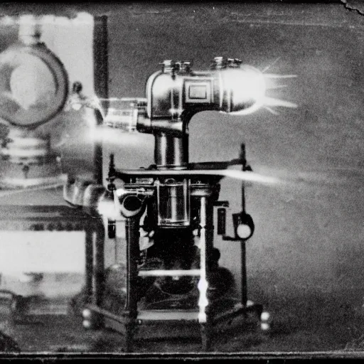 Image similar to grainy 1800s photo of a mechanical apparatus that is projecting a hologram of an artificial intelligence