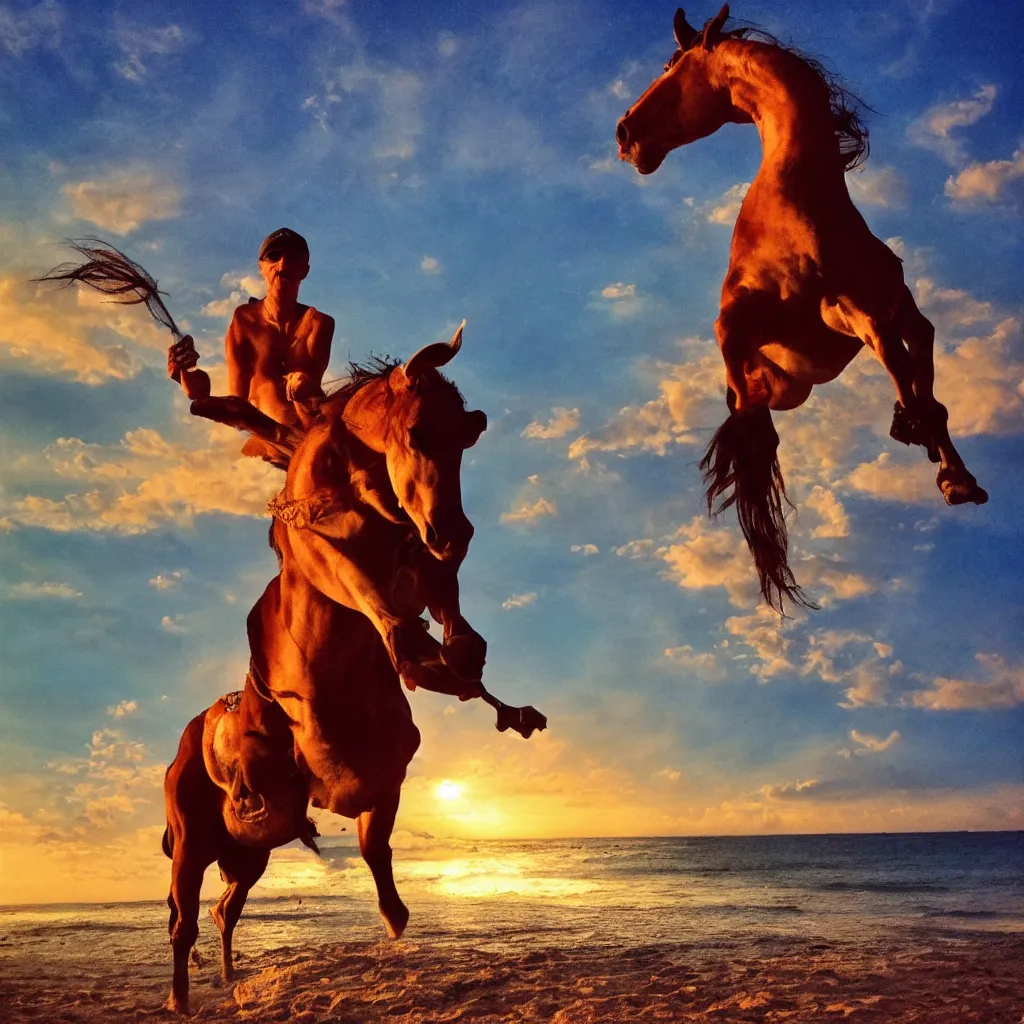 Prompt: Emin Gün Sirer riding a red horse in a white beach, sun sets, dramatic lighting, heroic exposure