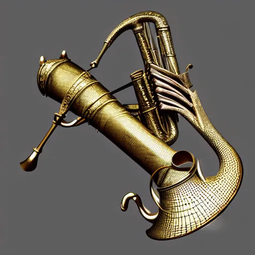 Image similar to a 3 d render of a medieval blowing horn, winding horn, animal horn, higly detailed, mystic, artwork