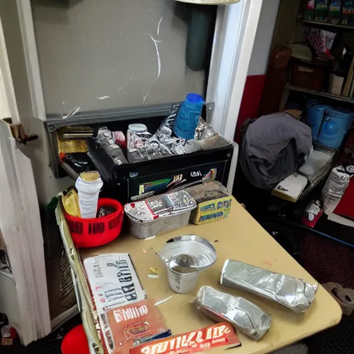 Prompt: rate my Battlestation, cigarette butts, soda cans, ashtray, ashes, stains, dirt, grime, messy, burn holes, cat litter, stacks of paper, old food, plates, silverware, pee bottles