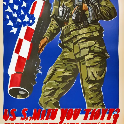 Image similar to US Military Propaganda poster, US Flag, American Tank, US Army Soldier