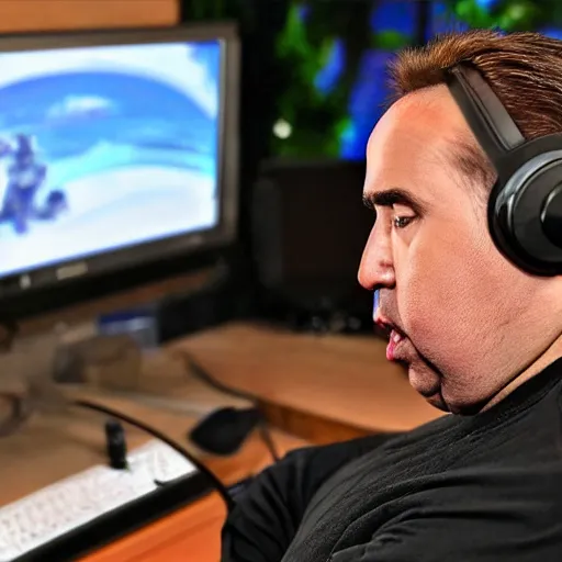 Image similar to obese nicolas cage wearing a headset yelling at his monitor while playing WoW highly detailed wide angle lens 10:9 aspect ration award winning photography