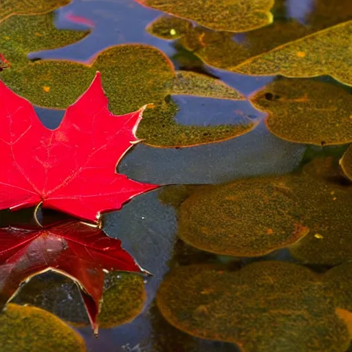 Image similar to close - up of a red maple leaf floating on top of a pond, with reflection