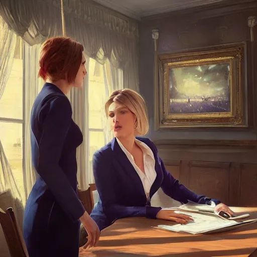 Prompt: epic cinematic hyperrealism masterpiece where 2 business women appear talking. realistic poster with shaded lighting by craig mallismo, artgerm, jeremy lipkin and michael garmash, unreal engine, radiant light, detailed and complex environment, digital art, art station trends
