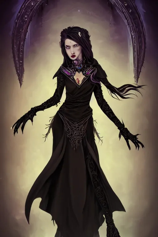 Image similar to portrait of a gorgeous female warlock, looking at camera, D&D, choker on neck, stylish dark dress, arcane symbols, mouth slightly open, very long flowing hair, intricate, elegant, stylish, cute slightly nerdy smile, fantasy, extremely detailed, digital painting, artstation, concept art, smooth, sharp focus, illustration, stunning lighting, art by artgerm and greg rutkowski and alphonse mucha and simon stalenhag