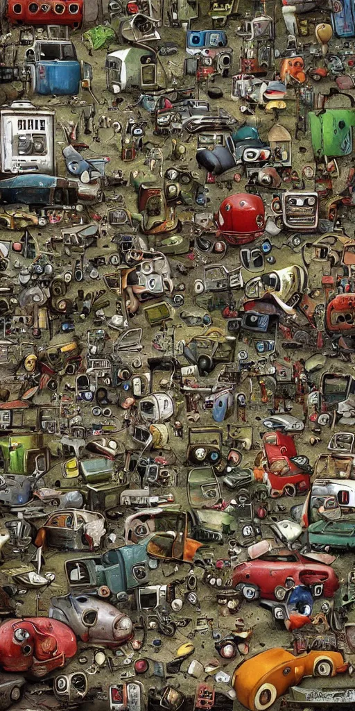 Prompt: a apple computer junkyard scene by alexander jansson and where's waldo