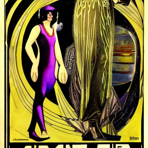 Prompt: Art Nouveau pulp sci fi magazine painting with no text, a woman wearing a 1920s space costume designed by HR Giger