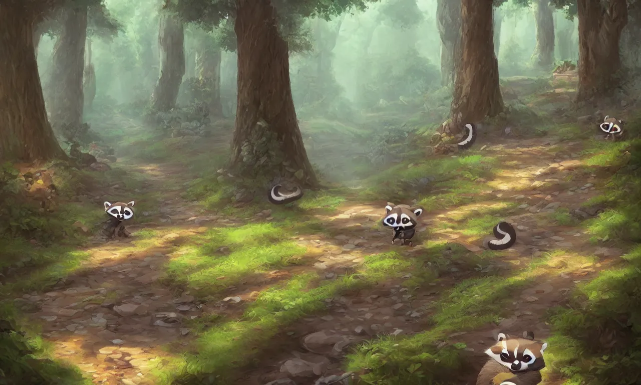 Prompt: cute raccoon walk in the forest, trending on artstation, 35mm, by Noah Bradley