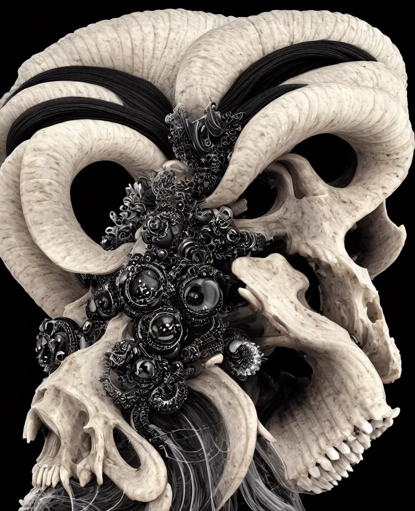 Image similar to goddess princess face close-up portrait ram skull. sculpture made of black obsidian. jellyfish phoenix head, nautilus, orchid, skull, betta fish, bioluminiscent creatures, intricate artwork by Tooth Wu and wlop and beeple. octane render, trending on artstation, greg rutkowski very coherent symmetrical artwork. cinematic, hyper realism, high detail, octane render, 8k