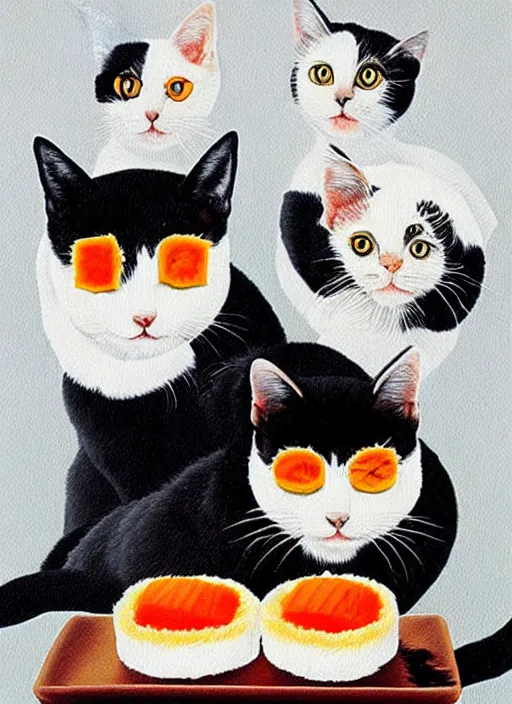 Image similar to clear surrealist painting of adorable cats made out of sushi