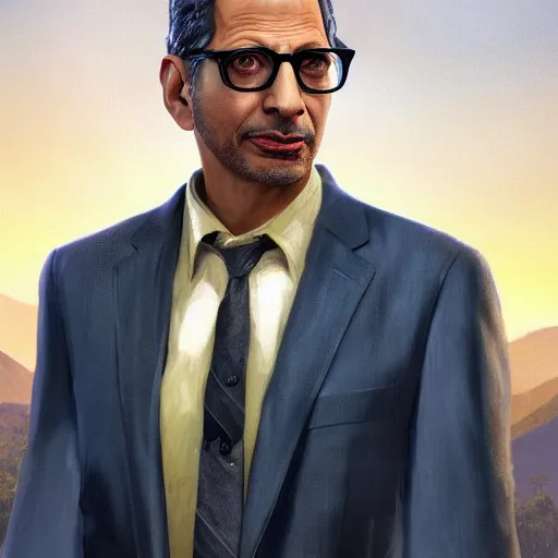 Prompt: Portrait of a Jeff Goldblum in a grand theft auto 5 loading screen , art by Albert Bierstadt and James Gurney, highly detailed, digital painting, matte painting, concept art, illustration, oppressive lighting, trending on artstation, very detailed