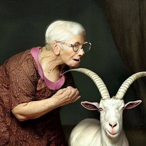 Prompt: a bizarre image of an old woman opening her throat and a goat walking into it