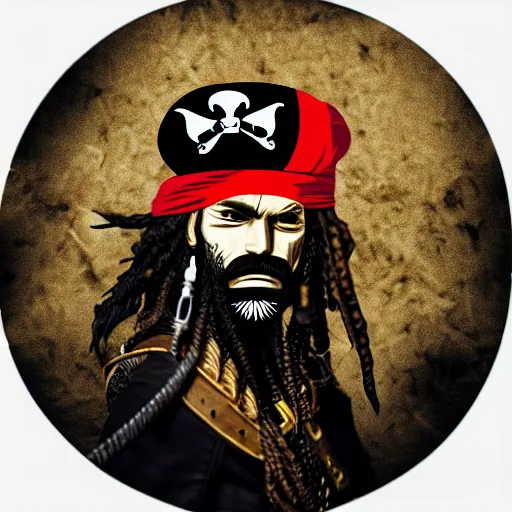 Prompt: a potrait of pirates, king of pirates, gold teeth, crazy hair, wearing armor, flag on his back, 1 6 0 0 century, black beard, one piece, photo realistic, in a circle, nft style, dust, grain, scretch on picture, noise, deep focus, high detail